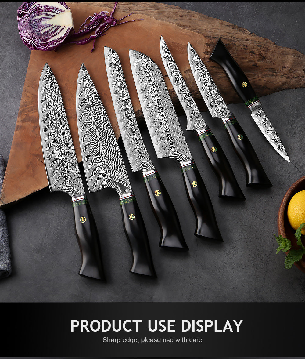 Black Feather Series: Japanese 67-layer VG10 Damascus 7-piece chef knife set