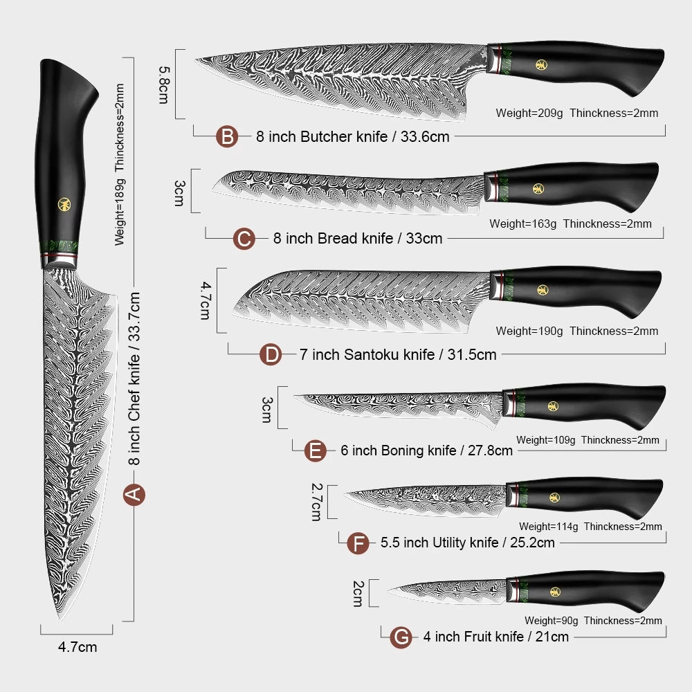 Black Feather Series: Japanese 67-layer VG10 Damascus 7-piece chef knife set