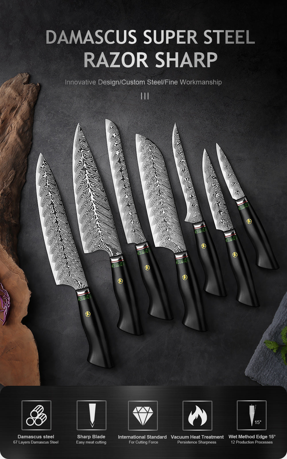 Black Feather Series: Japanese 67-layer VG10 Damascus 7-piece chef knife set