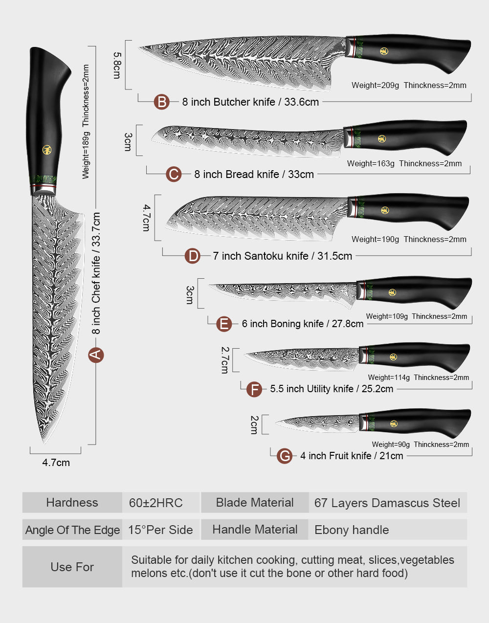 Black Feather Series: Japanese 67-layer VG10 Damascus 7-piece chef knife set