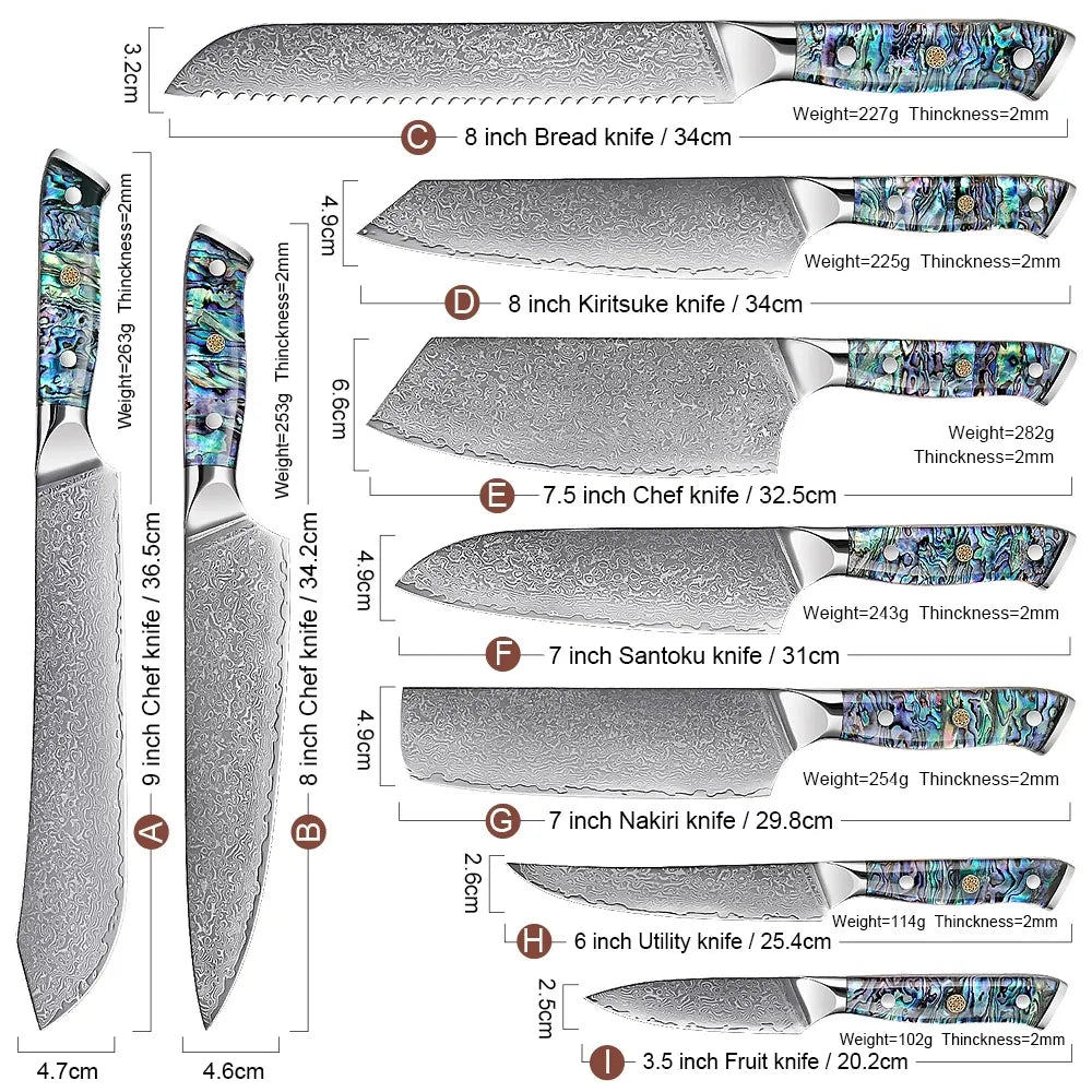 As Seen On TV Abalone Handle 9pcs Damascus VG10 Chef Knife Set
