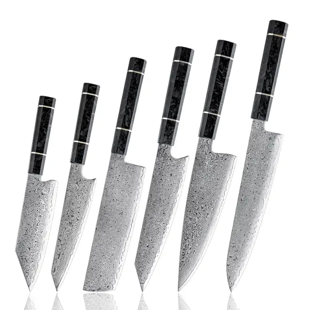 Japanese Damascus 6-piece chef knife set Carbon fiber handle Santoku Nakiri knife