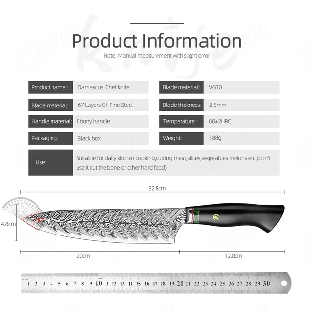 High Quality Black Ebony Handle 8 Inch Damascus Steel Chef Knife