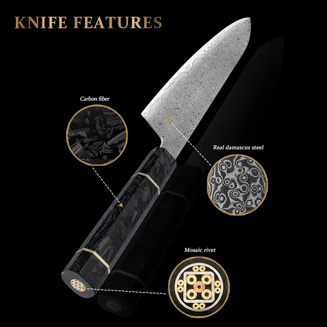 Japanese Damascus 6-piece chef knife set Carbon fiber handle Santoku Nakiri knife