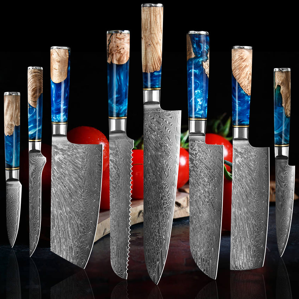 Ocean Shadow Series:Blue Resin Wooden Handle 8-Piece Chef Knife Set