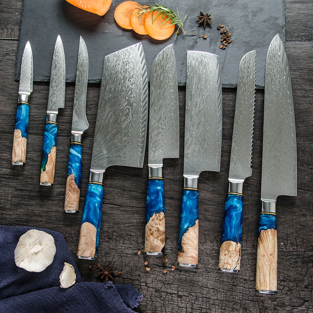 Ocean Shadow Series:Blue Resin Wooden Handle 8-Piece Chef Knife Set