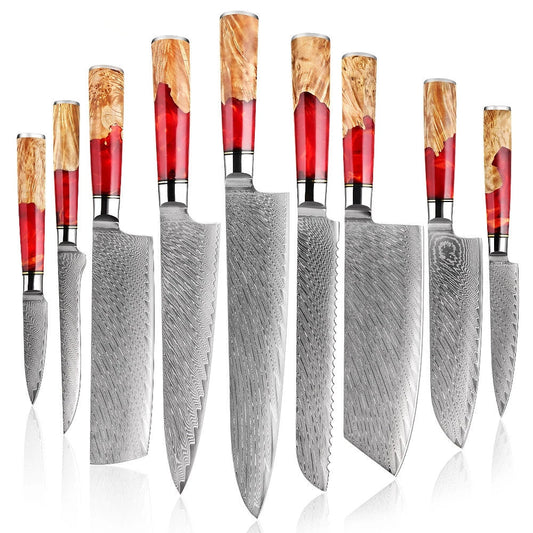 Red Resin Handle 9PCS VG10 Damascus Steel Kitchen Knife Set