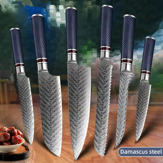 Sharp Blade Blue Resin Wood Handle Damascus Steel VG10 Kitchen Knives Set