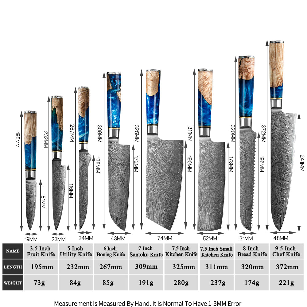 Ocean Shadow Series:Blue Resin Wooden Handle 8-Piece Chef Knife Set
