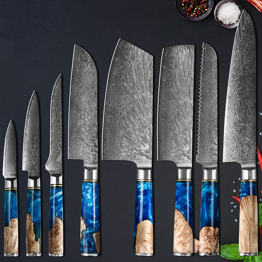 Ocean Shadow Series:Blue Resin Wooden Handle 8-Piece Chef Knife Set
